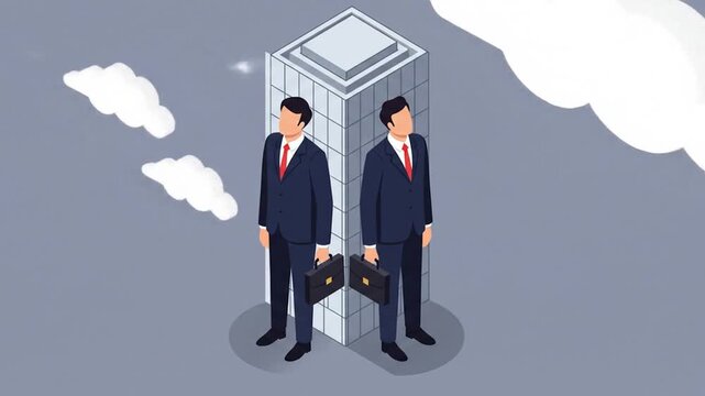 Two Businessmen Standing Back-to-Back Near Office Corner in Formal Attire with Briefcases
