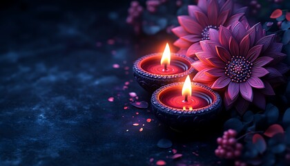 Two lit red candles beside purple flowers on dark background flame fire