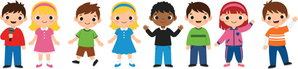 Group of Diverse Cartoon Kids Standing and Smiling – Multicultural Children Vector Illustration for Education, Community, or Friendship Concept Design