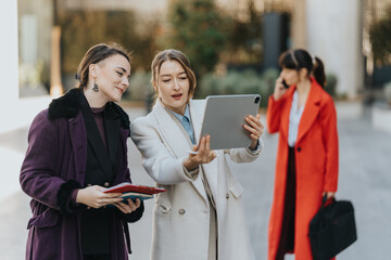 Two confident businesswomen collaborate outdoors, viewing a tablet and communicating. The scene...