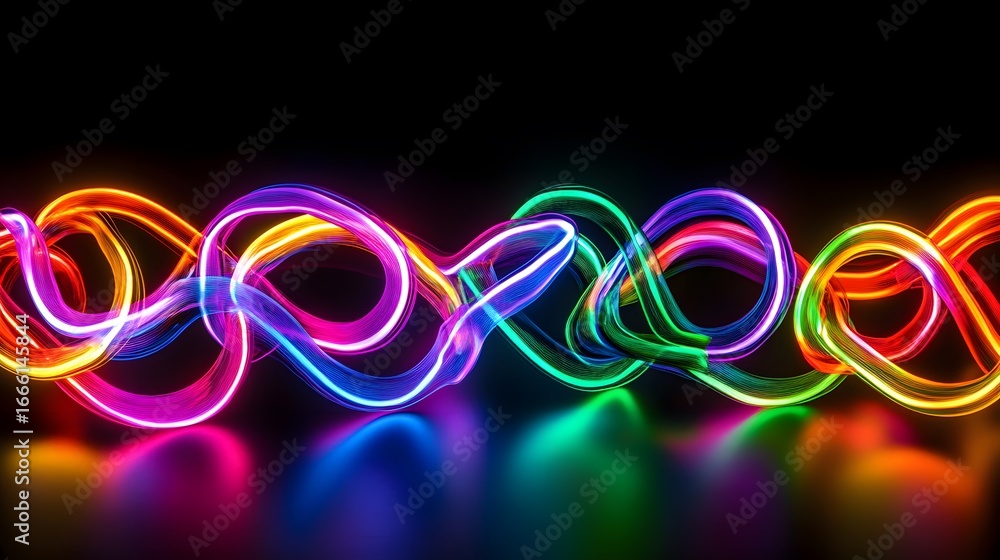Poster intricate neon light forms in vibrant colors create a dynamic and captivating design against a dark 