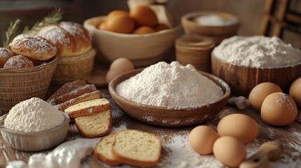 Fototapeta premium A Variety of Food Items Including Flour, Eggs, and Bread Arranged on Wooden Table in Rustic Style Representing Traditional Baking Ingredients
