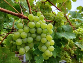 Obraz premium Dew-Kissed Grapes: Plump and Juicy Cluster on Lush Green Vines