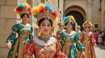 Traditional Festival Costumes - Colorful Historical Parade Participants in Medieval Setting for Cultural Events, Heritage Celebrations, and Traditional Competitions