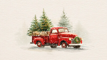 A charming watercolor painting of a red vintage truck carrying Christmas trees in a snowy scene.