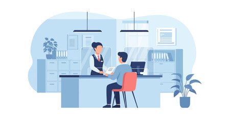 Flat illustration of a customer meeting with a bank teller at a counter, symbolizing financial services, account management, savings, deposits, withdrawals, and professional banking support