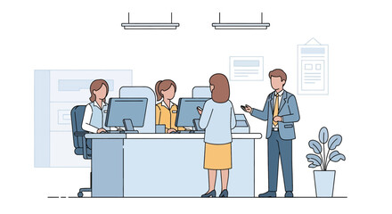 Flat illustration of customers at a bank counter receiving service from tellers, symbolizing financial transactions, savings, deposits, withdrawals, and professional banking support