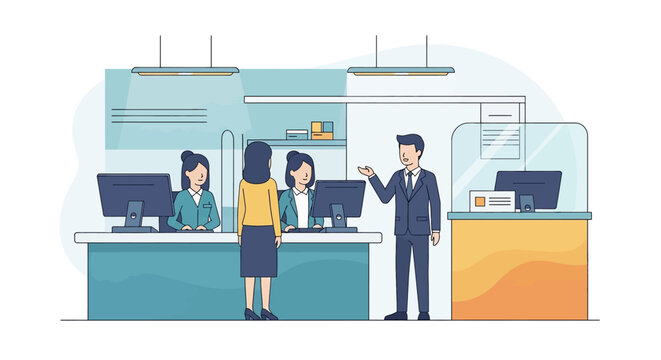 Flat illustration of customers at a bank counter receiving service from tellers, symbolizing financial transactions, savings, deposits, withdrawals, and professional banking support