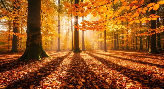 autumn forest, golden-orange leaves glowing under soft sunlight
