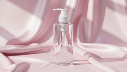 Clear bottle with pump placed gently on soft pink satin fabric background, reflecting a smooth luxurious texture and creating a refined beauty product scene.