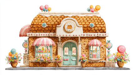 Fototapeta premium Delightful watercolor art of a kawaii candy shop, radiating a sweet and cozy vibe.