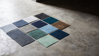 Various flooring material samples are meticulously arranged on a concrete surface, showcasing a vibrant palette in soft light