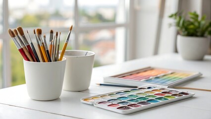 Naklejka premium Creative art supplies for painting watercolor masterpieces at bright studio