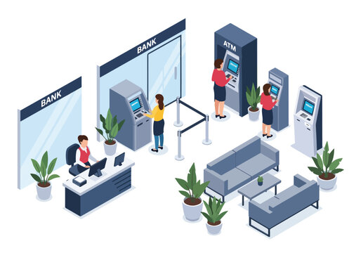 Isometric illustration of a modern bank interior with employees, ATMs, customer service desks, and waiting areas, symbolizing finance, money management, and professional banking services