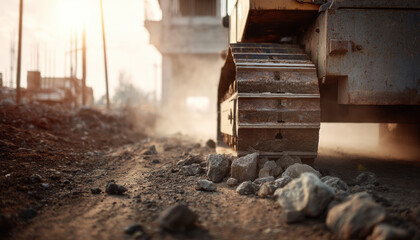 Fototapeta premium Heavy machinery operates on a construction site at sunset, creating dust and moving gravel along the ground, showcasing progress in development