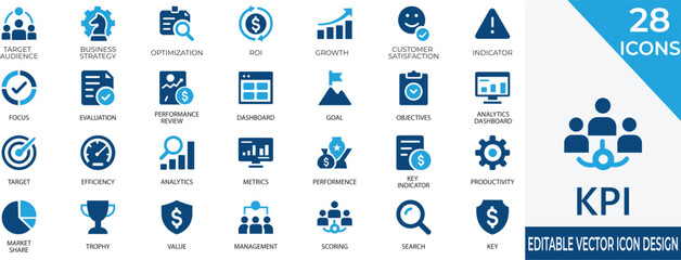 A modern collection of KPI and performance measurement vector icons for business growth and strategy. Includes metrics, analytics dashboards, and productivity indicators.