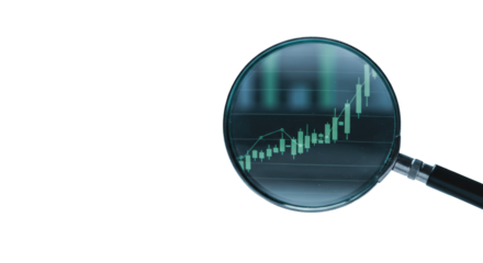 A sleek, modern magnifying glass highlighting abstract digital data visualizations on a soft corporate blue background with copy space, concept of deep analysis and strategic insight