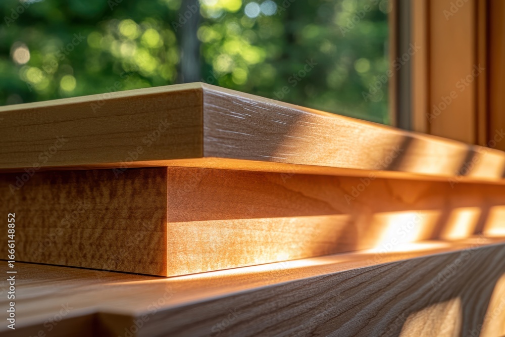 Poster sunlight streaming through a window highlights stacked wooden planks in a serene setting