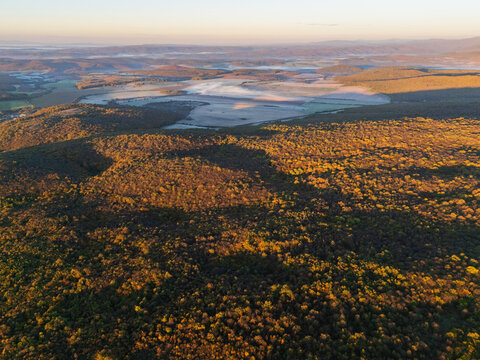 Aerial view of the landscape, where forests and fields meet under a golden light, painting the scene with hues of autumn, Ple&Aring;&iexcl;ivec, Ko&Aring;&iexcl;ice Region, Slovakia.
