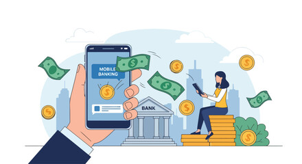 Flat illustration of a woman using mobile banking for money transfer, showing online finance, digital payments, and modern financial technology in a city background for business and personal use