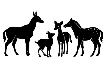 Vector art of silhouette of a group of wild animals including deer, fawn, horse and pony for logo, icon or decoration