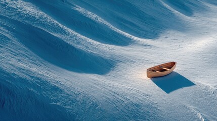Solitary wooden rowboat rests on a snow-covered, undulating landscape