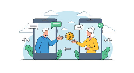 Flat illustration of people transferring money through mobile phones, symbolizing online banking, secure digital payments, financial technology, and peer-to-peer transactions for business and personal