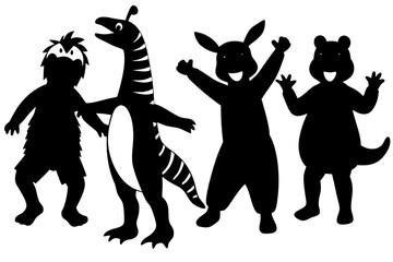 Vector art of silhouette illustration of four cartoon puppets, perfect for childrens entertainment and party decorations