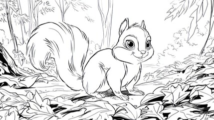 Sketch of a smiling squirrel in a forest clearing covered with leaves
