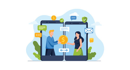 Flat illustration of people transferring money through mobile phones, symbolizing online banking, secure digital payments, financial technology, and peer-to-peer transactions for business and personal