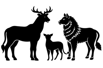 Vector art of silhouette of a deer, dog, and wolf, representing the diversity of wildlife and the contrast between domestic and wild animals