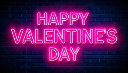 Obraz premium Neon pink Happy Valentine's Day sign on dark brick wall