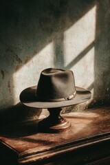 Dark brown felt hat displayed on a wooden stand in sunlit room