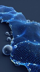 Abstract digital rendering of a flowing, luminous blue mesh with translucent spheres