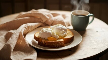 Breakfast with Poached Eggs on Toast and Hot Coffee