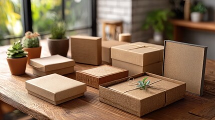 Rustic wooden table displays various sizes of kraft paper gift boxes, some wrapped with twine, alongside small potted succulents