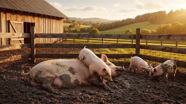 Golden Hour on the Farm - A Mother Pig and Her Young Piglets Enjoying a Quiet Evening.