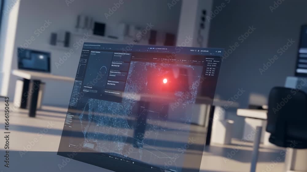 Poster futuristic transparent display showing global hotspot location in modern control room