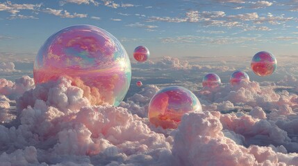 Iridescent spheres float amidst pastel clouds in a dreamy sky