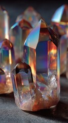Iridescent quartz crystals display vibrant, rainbow-like hues