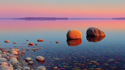 Calm lake at dawn, two large rocks reflecting in clear water, small stones on shore