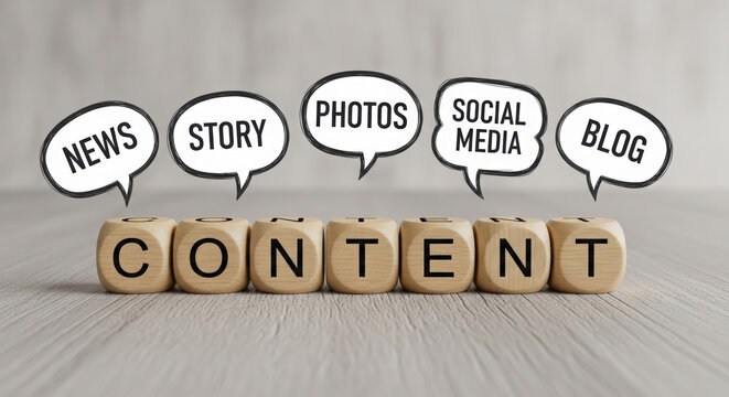 Wooden cubes spelling "CONTENT," topped with speech bubbles indicating various content categories. - Powered by Adobe