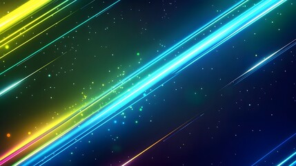 Fototapeta premium Vibrant diagonal light streaks crisscross a dark background, studded with shimmering particles, creating a dynamic and energetic visual.