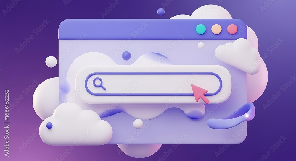 Poster 3d illustration of a search engine browser window with a search bar and cursor, surrounded by abstra