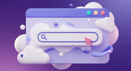 3d illustration of a search engine browser window with a search bar and cursor, surrounded by abstract cloud shapes and spheres