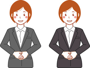 グレースーツ、ショートヘアの手を前で重ねる若い女性