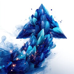 Abstract blue arrow composed of crystalline structures, set against a smoky white backdrop