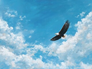 Obraz premium Eagle Soaring High with Wings Spread, Amidst Clear Blue Sky and Fluffy Clouds