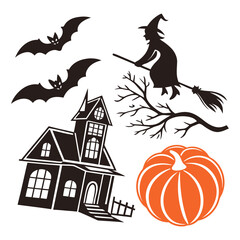 Spooky Season Silhouettes Witch, Bats, Haunted House and Pumpkin