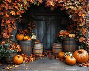 Autumn harvest display with pumpkins and barrels against rustic wooden door fall gourds